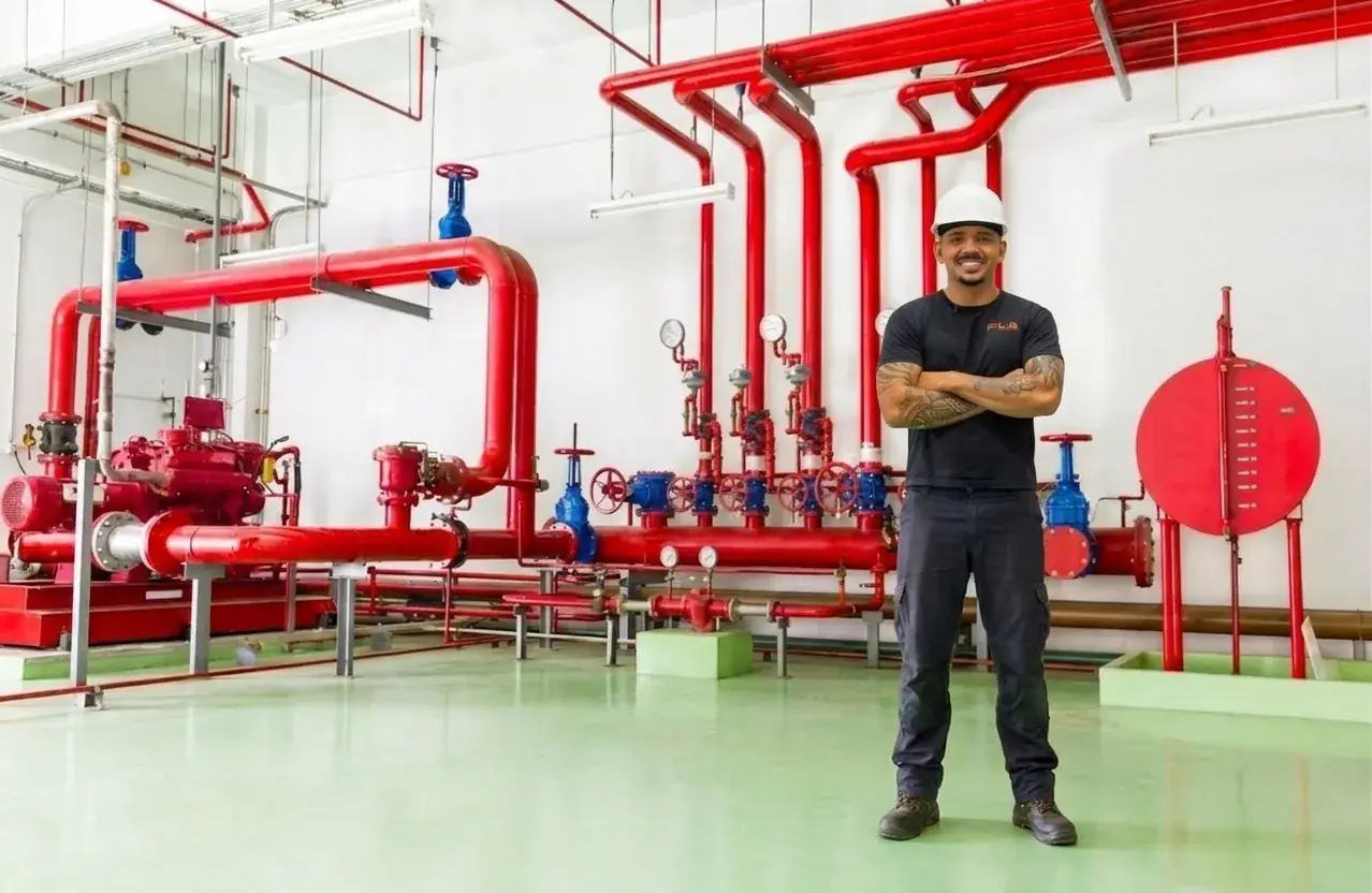 Técnico da FLA em sala de bombas de incêndio